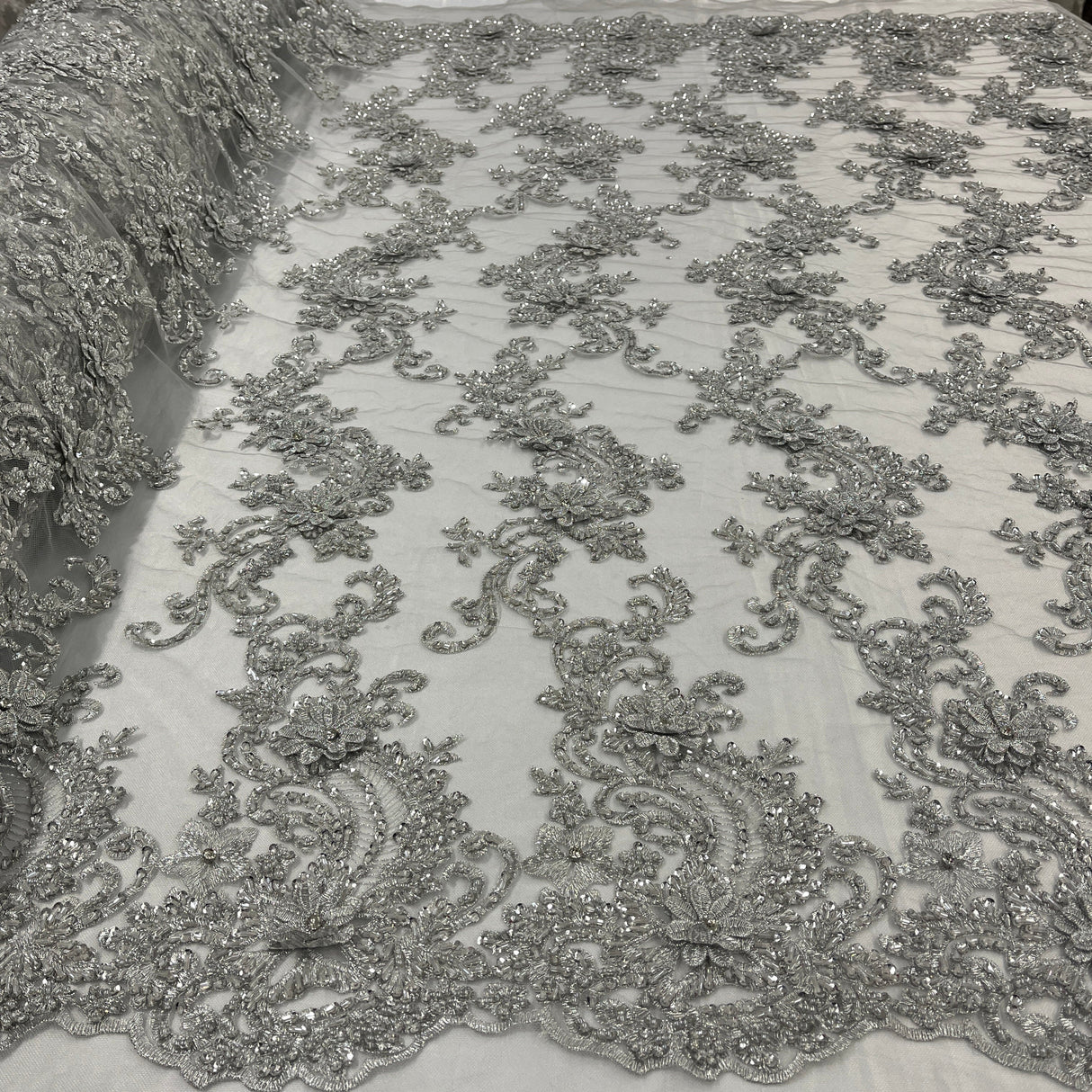 Beaded 3D Floral Lace Fabric 52" Wide