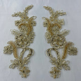 1 Pair Beaded & Corded Floral Lace Applique 9" x 2.5" Each Side