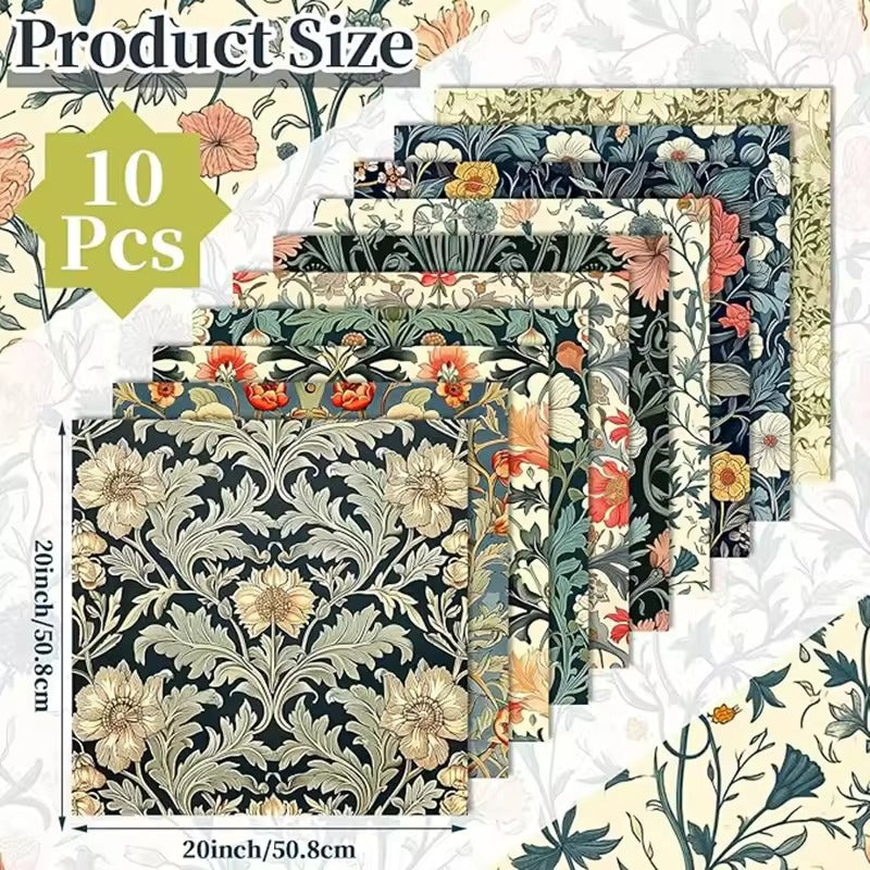 10 Pcs 20''x20'' William Morris Flowers Quilting Fabric Bundles Vintage Floral Fat Quarters by The Yard Flower Fabrics Precut Qu