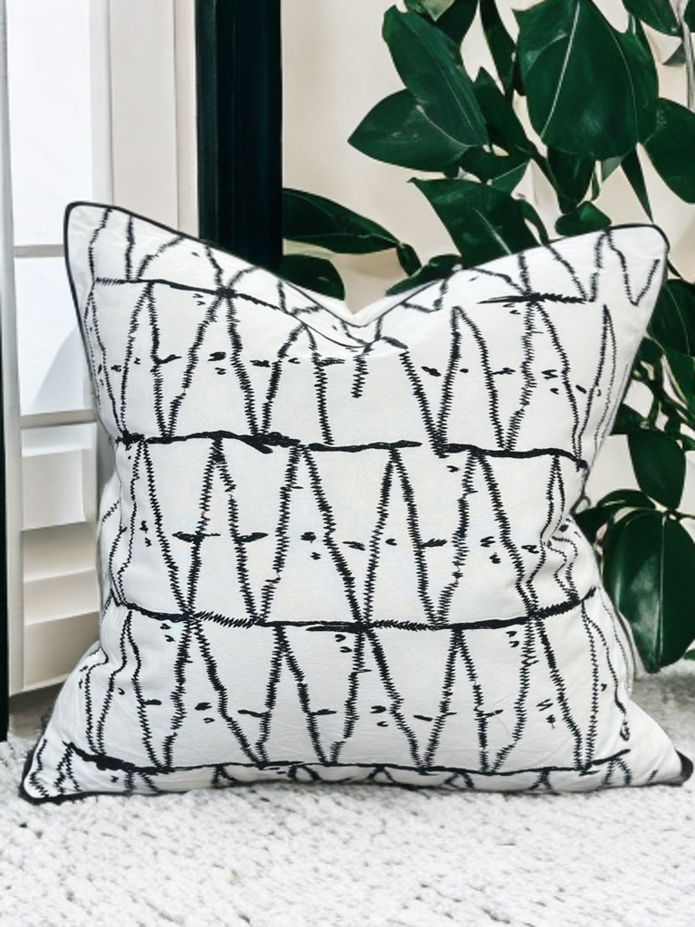 Viva015 White Velvet Pillow - Black Embroidered Abstract, Thick Border, 20" X 20" (1 Piece)