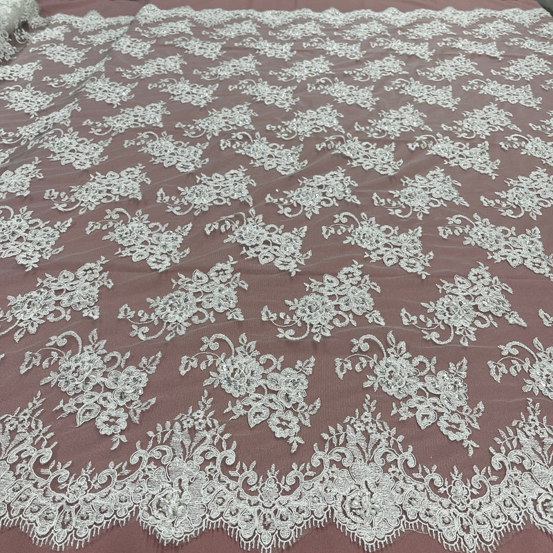 Beaded Lace Fabric Embroidered On 100 Percent Polyester Net Mesh - Ivory With Silver, 54" Wide (1 Yard)