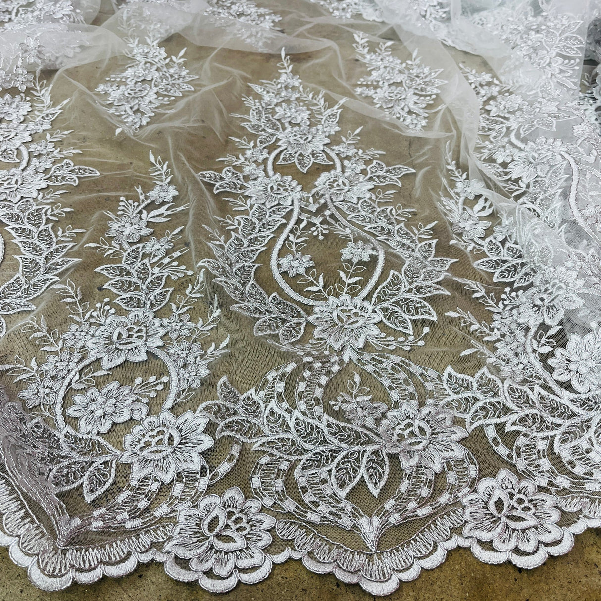 1 Yard Exquisite Corded Bridal Lace Fabric Embroidered on Premium Polyester Mesh 54