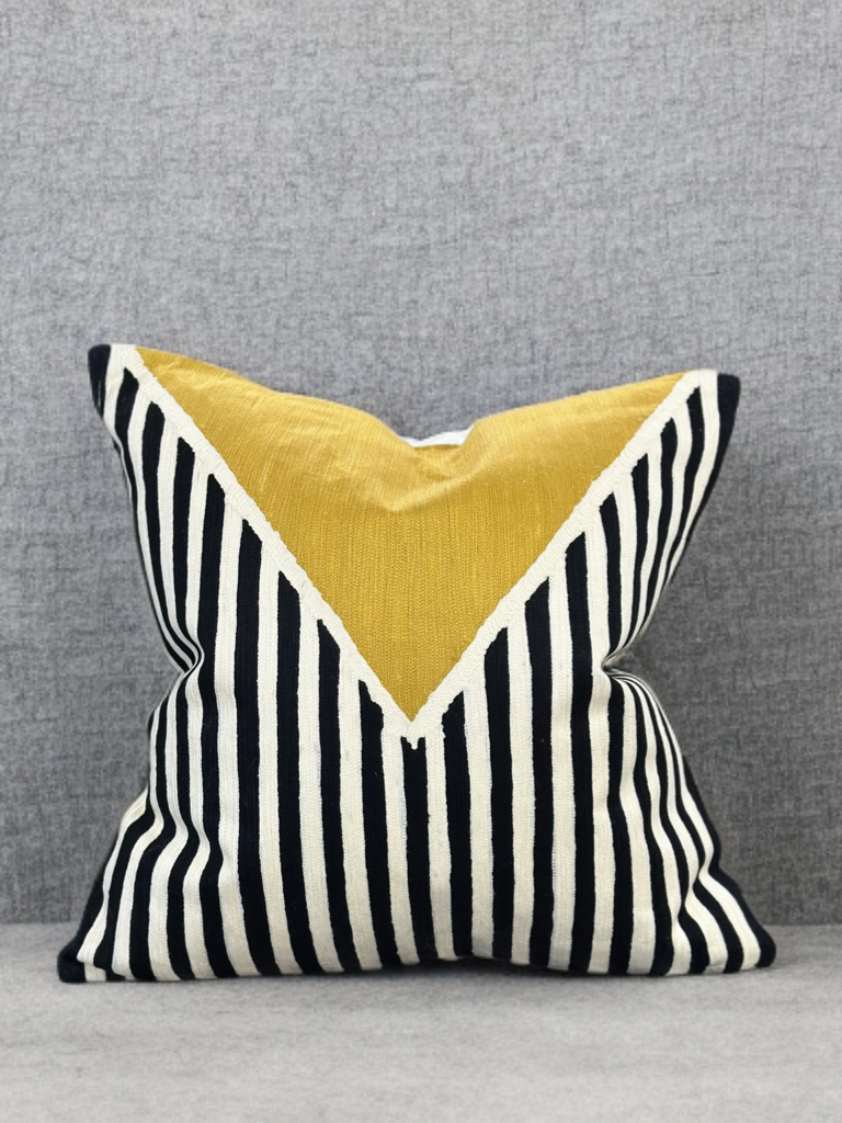 VIVA012 Polyester Fabric - White Base, Black & Ivory Geometric Embroidery, Mustard Graphic, 20" X 20" (1 Piece)