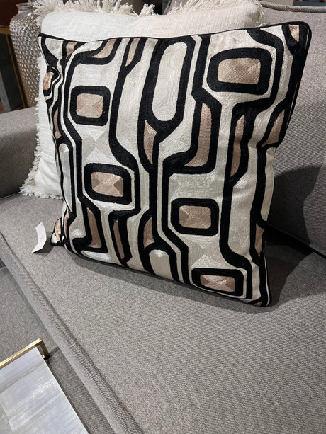 Makymo Black Velvet Pillow Fabric - Geometric Abstract Embroidery, Ivory, Bronze & Black, 20" X 20" (1 Piece)