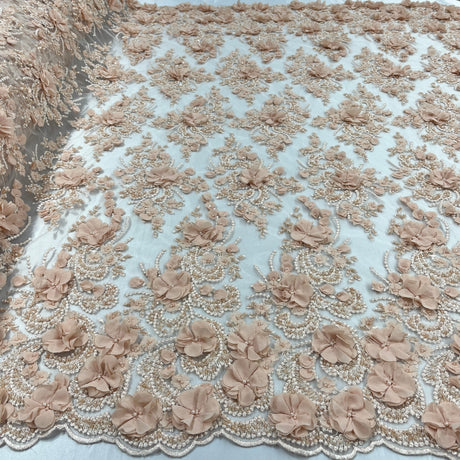 Beaded 3D Floral Lace Fabric Peach 48" Wide