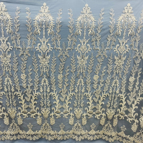 Beaded Lace Fabric Embroidered On 100 Percent Polyester Net Mesh - Off White, Antique Silver, White, 51" Wide (1 Yard)