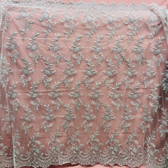 1 Yard Silver Corded Bridal Lace Fabric Embroidered on 100% Polyester Net Mesh – 51"
