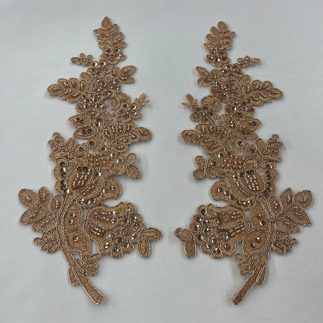 1 Pair 12" x 3.5" Beaded & Corded Floral Lace Applique 100% Polyester Net Mesh