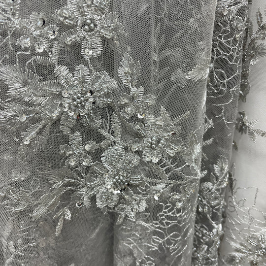 1 Yard Elegant Beaded Floral Lace Fabric Embroidered on 100% Polyester Net Mesh – Silver – 51"