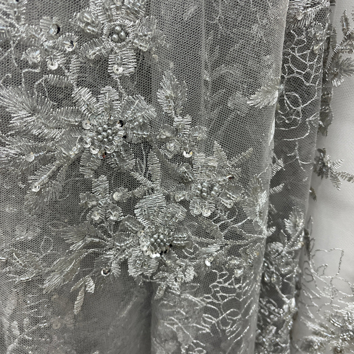 Beaded Floral Lace Fabric on Polyester Net Mesh