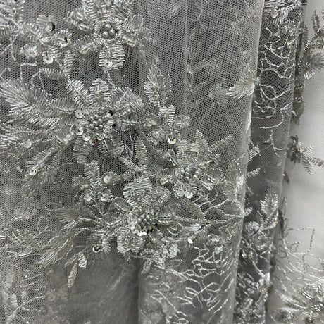 Beaded Floral Lace Fabric Embroidered On 100 Percent Polyester Net Mesh - Gold, Silver, Dark Sage, Floral Beaded Embroidery, 51" Wide (1 Yard)