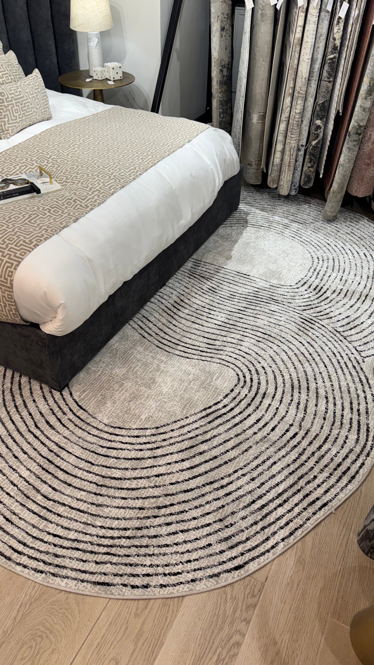 Z328A Polyester Fabric - Cream Sheen Rug With Black, Copper & Silver Touches, Novelty Cut Design (1 Unit)