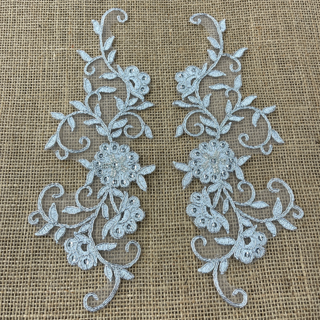 1 Pair Beaded & Corded Floral Lace Applique Embroidered on 100% Polyester 9.5" x 2" Each Side