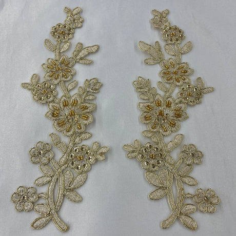 Beaded & Corded Floral Lace Applique Embroidered On 100 Percent Polyester Net Mesh Fabric - Floral Applique, 10" X 2" Each Side (1 Pair)