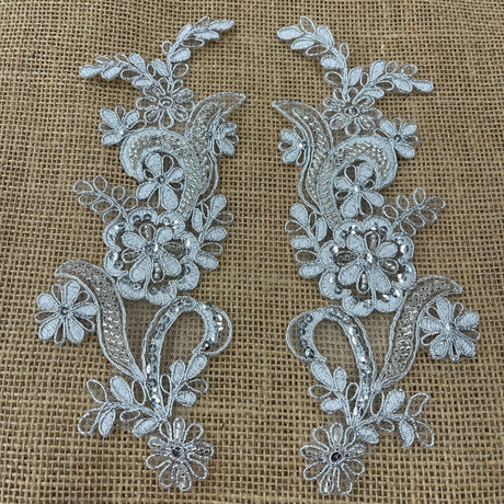 1 Pair Beaded & Corded Floral Lace Applique 9" x 2.5" Each Side