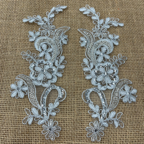 Beaded Corded Floral Lace Applique Polyester Fabric - Floral Embroidered, 9" X 2.5" Each Side (1 Pair)