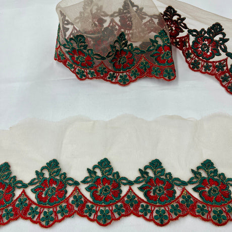 1 Yard Colorful Floral Embroidered Lace Trim on Sheer Mesh Fabric, 100% Polyester