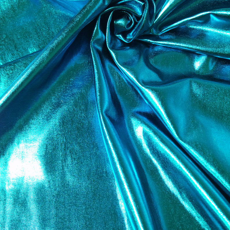 Colorful Shiny All Over Foil Stretch Lightweight Knit Jersey Polyester Spandex Fabric - Turquoise, Red, Gold, Copper, Bronze, Silver, Purple, Royal, Green, Magenta, Black, Gunmetal, Pearl, 58"-60" Width