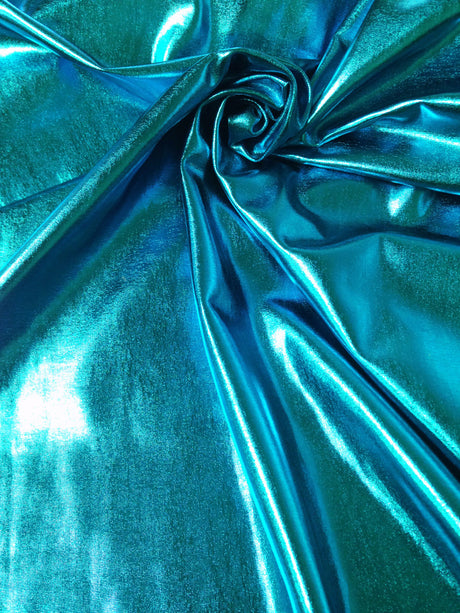 Colorful Shiny All Over Foil Stretch Lightweight Knit Jersey Polyester Spandex Fabric - Turquoise, Red, Gold, Copper, Bronze, Silver, Purple, Royal, Green, Magenta, Black, Gunmetal, Pearl, 58"-60" Width