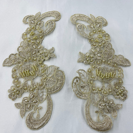 1 Pair 8.5" x 3.5" Each Side Beaded & Corded Floral Lace Applique 100% Polyester Organza
