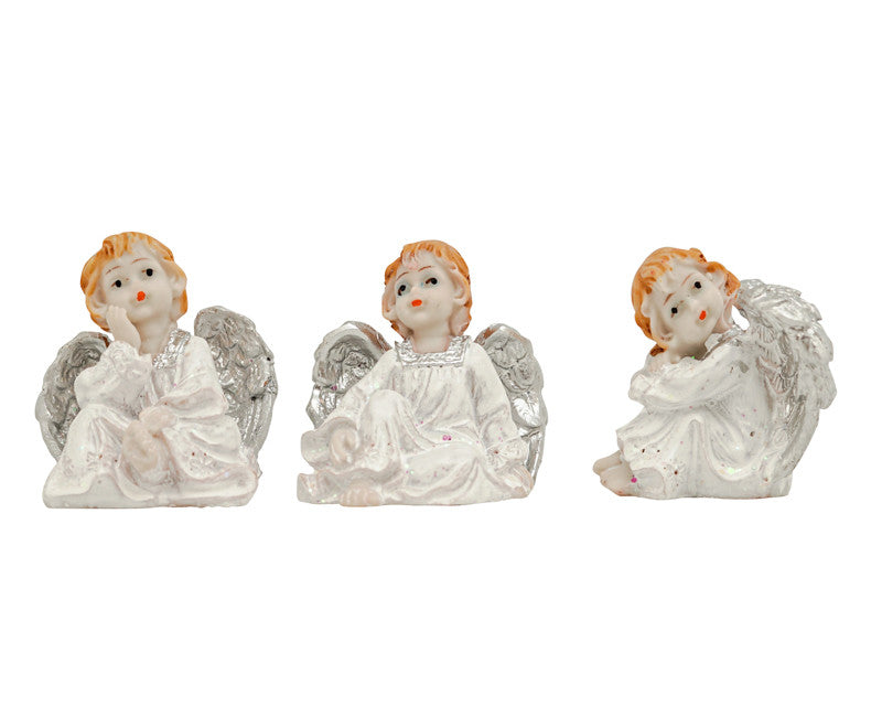 1 3/4" Tall White Dress Silver wings Sitting Poly Resin Angels- Set of 12 Figurines