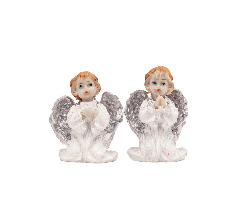 2 1/4" Tall White Dress Silver Wings Praying Poly Resin Angels - Set of 12 Figurines