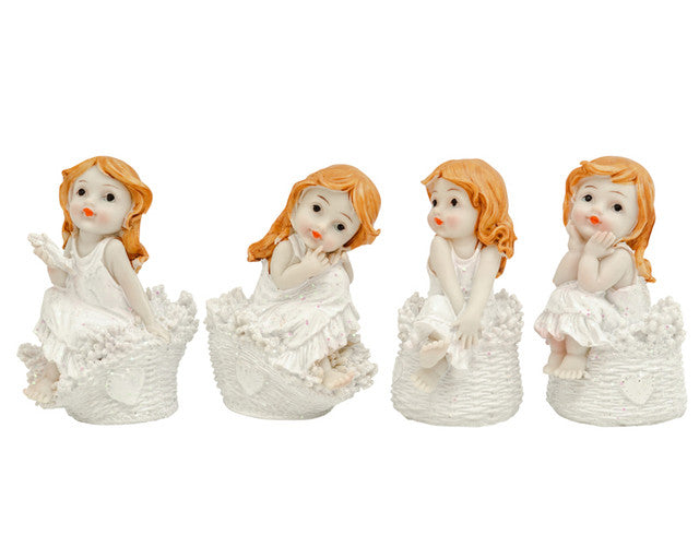 4" Tall White Dressed Sitting on White Basket Poly Resin Angel - Set of 4 Figurine