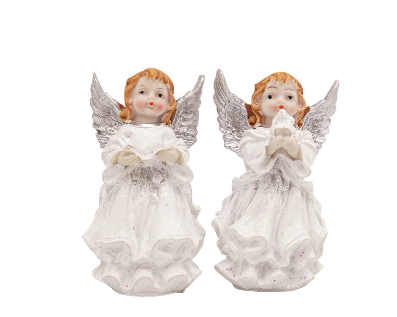Set of 2 White Dress Silver Wing Standing Poly Resin Angel Figurines 4.25 Inch