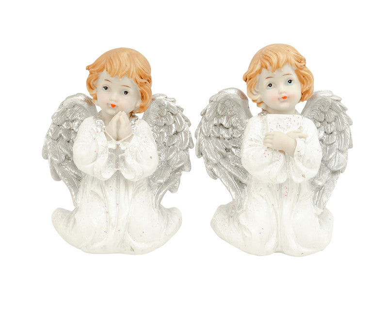 5 1/4" Tall White Dressed Silver Winged Kneeling Poly Resin Angels - Set of 2 Figurine