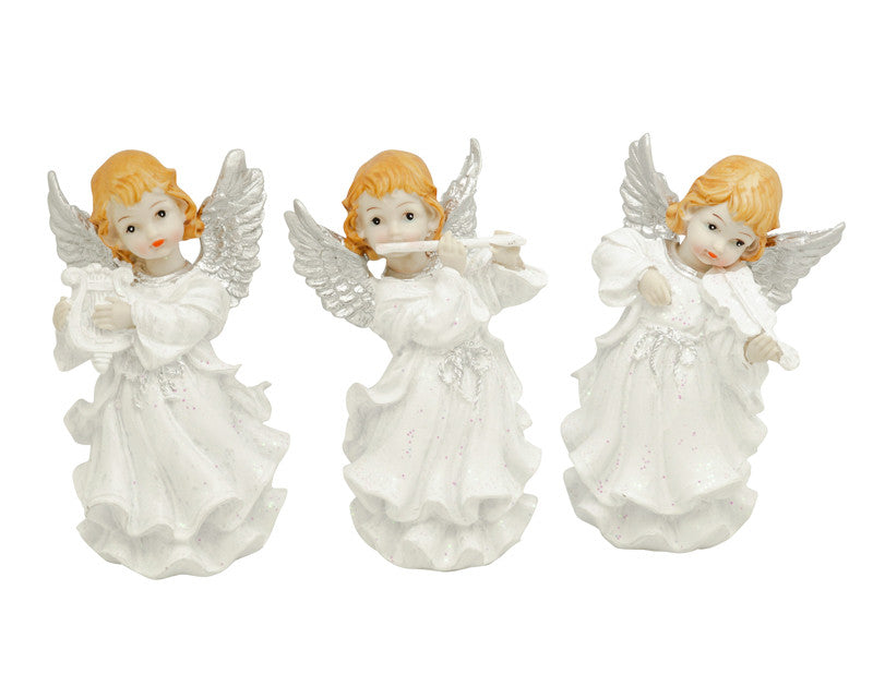 7" Tall White Dress Silver Wings Holing Musical Instruments Poly Resin Angels - Set of 3 Figurines