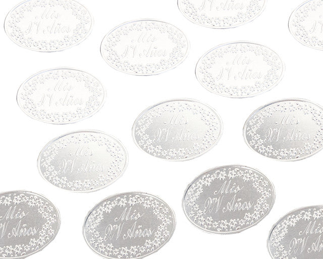 Mis Quince Años Silver Embossed Aluminum Foil Label – Pack of 100 Non?Adhesive Quinceañera Stickers