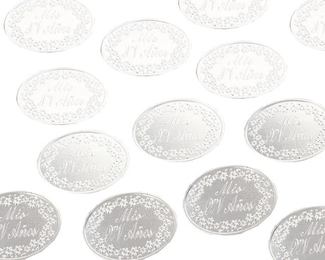 Mis Quince Años Silver Embossed Aluminum Foil Label – Pack of 100 Non?Adhesive Quinceañera Stickers