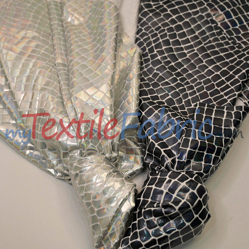 Anaconda Hologram Spandex Nylon Fabric - White Silver, White Charcoal, Holographic Foil Finish, 58/60" Width (1 Yard)