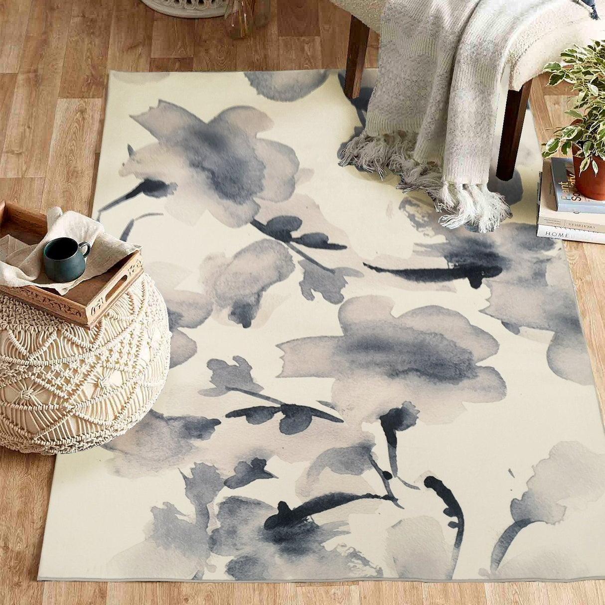 Mosaic Floral Leaf Lines Faux Fur Fabric - Mosaic Floral Leaf Print, 5' 3" X 7' 5" (1 Rug)
