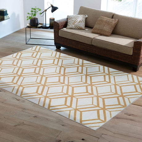 Mosaic Floral Leaf Lines Faux Fur Fabric - Soft Print Cozy Area Rug, Yellow, 5' 3" X 7' 5" (1 Piece)