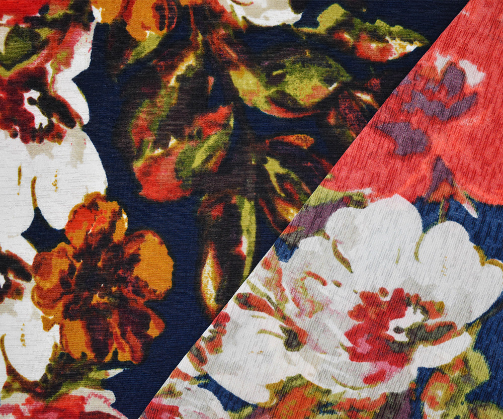 1 Yard Deep Navy Blue-Multi Polyester Floral Onion Skin Jersey Knit Fabric Soft Dry Hand Lightweight 59" Width
