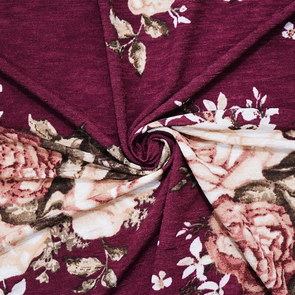 1 Yard Deep Burgundy Multi Poly Floral Onion Skin Jersey Knit Fabric Lightweight Slight Stretch 61 Inches Width