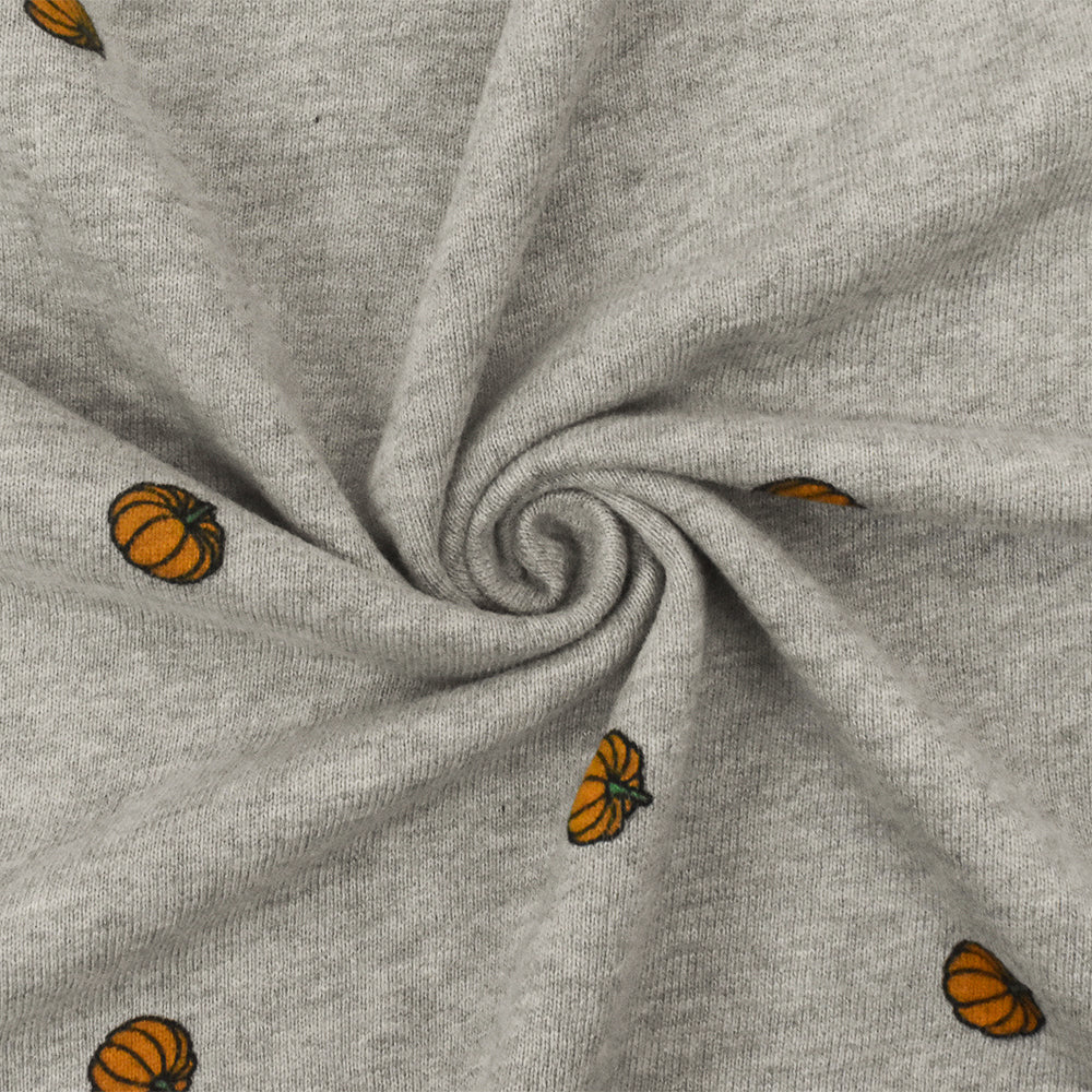 1 Yard Heather Gray Orange Multi Pumpkin Printed Cotton French Terry Knit Fabric Soft Stretch 60 Inches