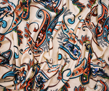 ১ গজ বেইজ-মাল্টি পলি পেসলি প্রিন্ট স্ট্রেচ স্প্যানডেক্স লিভারপুল ডাবল নিট ফ্যাব্রিক লাইটওয়েট ম্যাট ৬২ ইঞ্চি