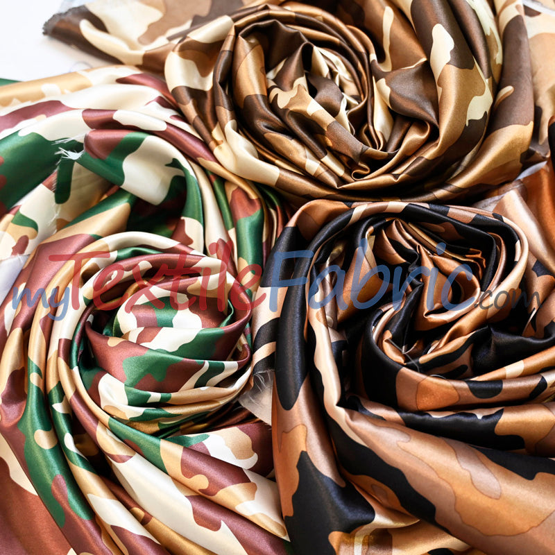 Army Camouflage Satin Print Polyester Fabric - Hunter Green Camouflage, 58/60" Width (1 Yard)