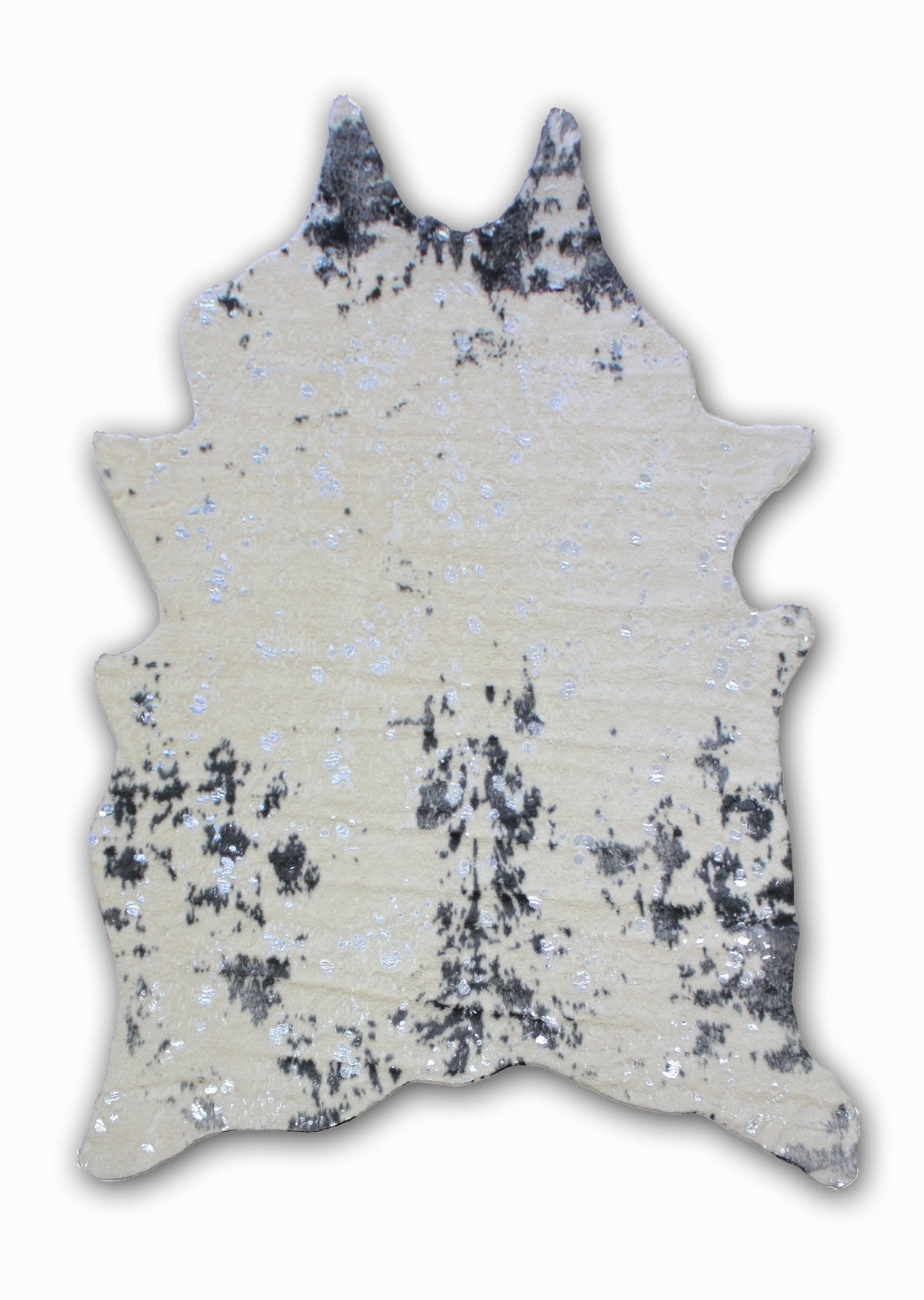 Vegan Cream Metallic Shinny Glow Faux Hide Cowhide Rug - Silver, Brown Patch, Black Patch, 5' X 7' (1 Piece)