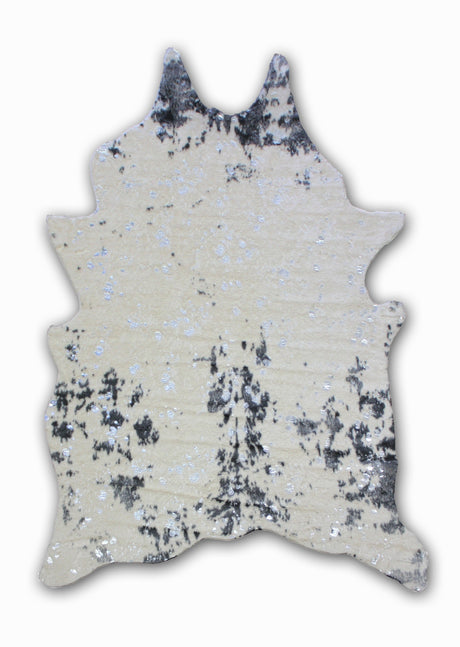 Vegan Cream Metallic Shinny Glow Faux Hide Cowhide Rug - Silver, Brown Patch, Black Patch, 5' X 7' (1 Piece)