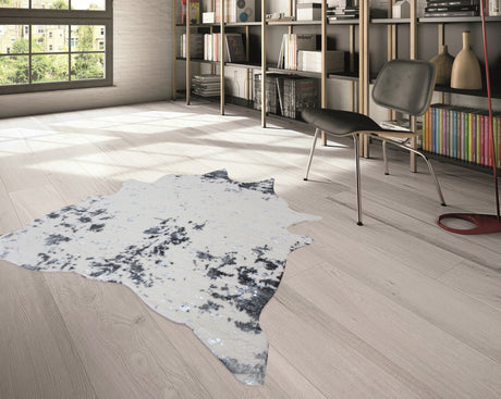 Vegan Cream Metallic Shinny Glow Faux Hide Cowhide Rug - Silver, Brown Patch, Black Patch, 5' X 7' (1 Piece)