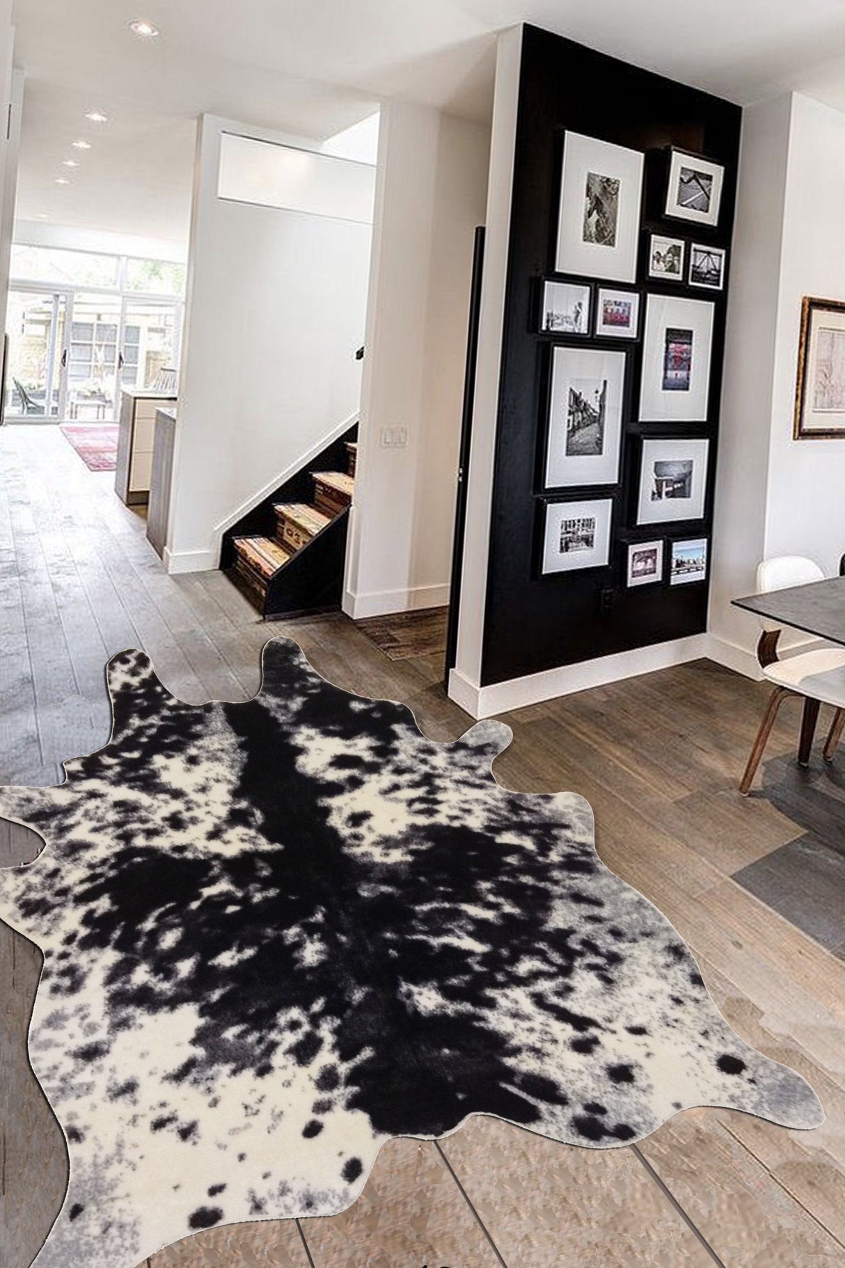 Vegan Cowhide Faux Print Faux Fur Rug - Black White Cowhide Print, 5' X 7' (1 Rug)