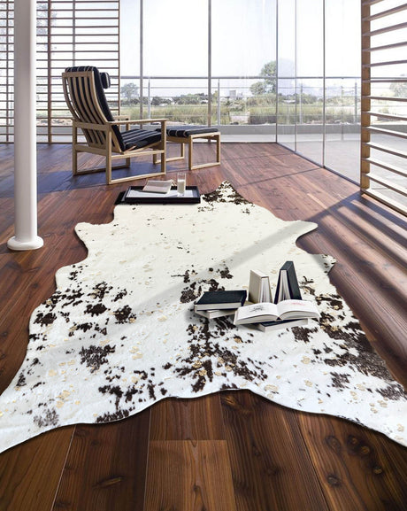 Vegan Cream Metallic Shinny Glow Faux Hide Cowhide Rug - Silver, Brown Patch, Black Patch, 5' X 7' (1 Piece)