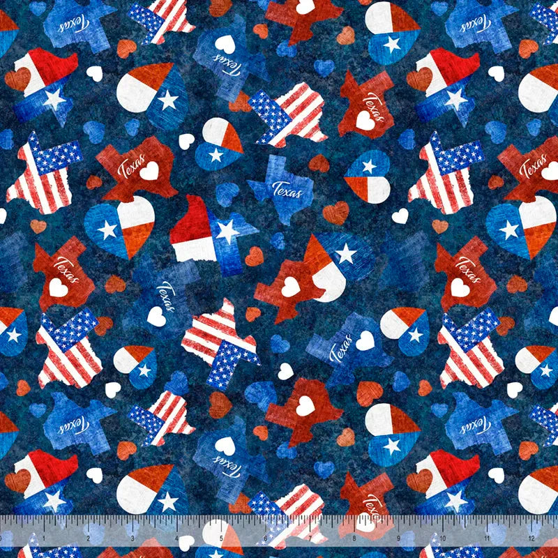 Cotton Print Heart of Texas Navy Fabric 44/45