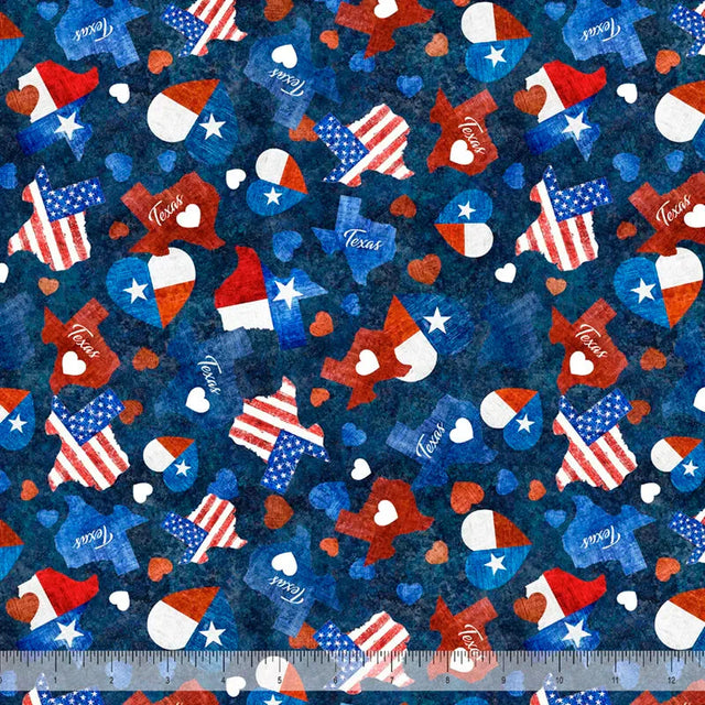 Cotton Print Heart of Texas Navy Fabric 44/45
