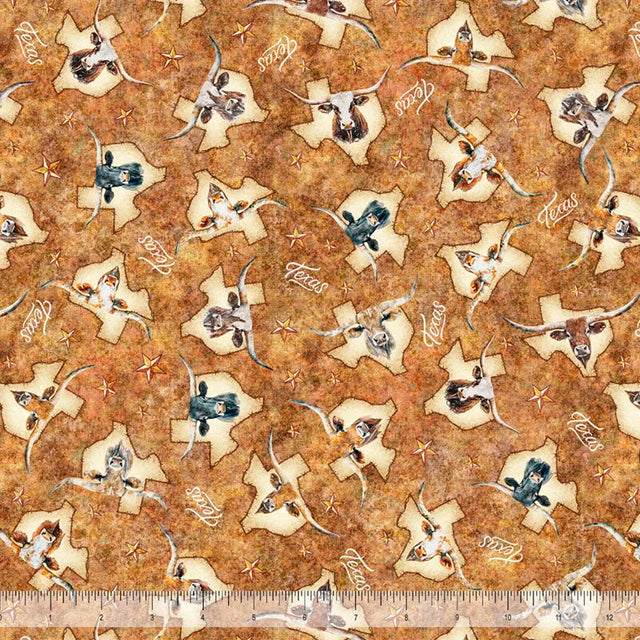 Cotton Print Texas Longhorns Rust Fabric 44/45"