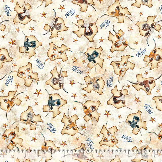 Cotton Fabric Texas Longhorns Tan 44/45"