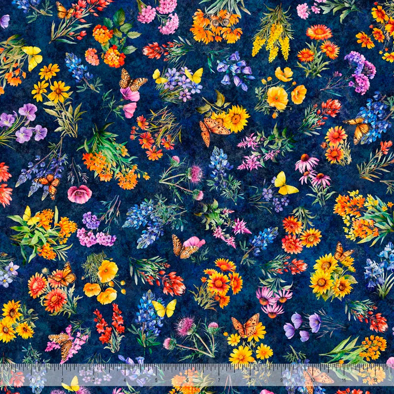 Cotton Print Texas Wildflowers Navy Fabric 44/45